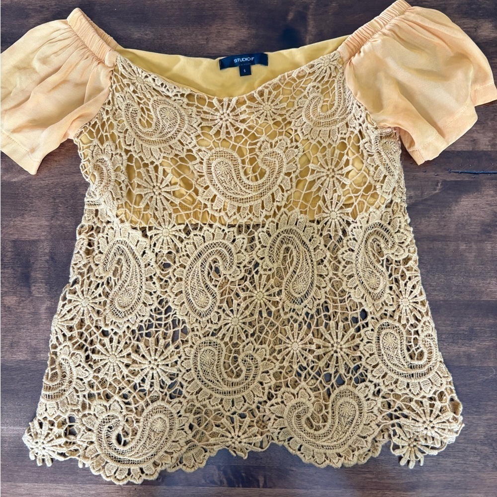 Studio F Yellow Crochet Lace Off Shoulder Top Size S